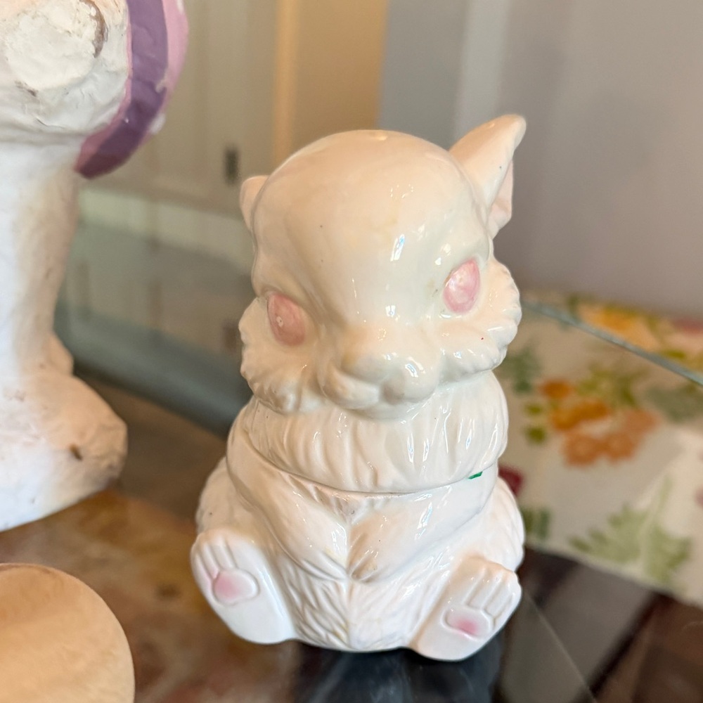 Vintage White Ceramic Bunny Figurine with Pink Accents - Home Accents